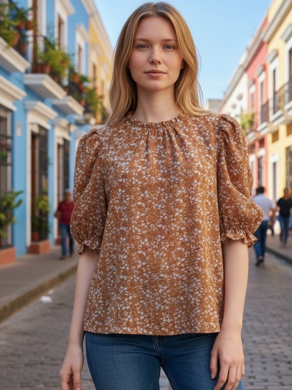LIKE NEW RACHEL ZOE (LG) Floral Puff Short Sleeve Blouse